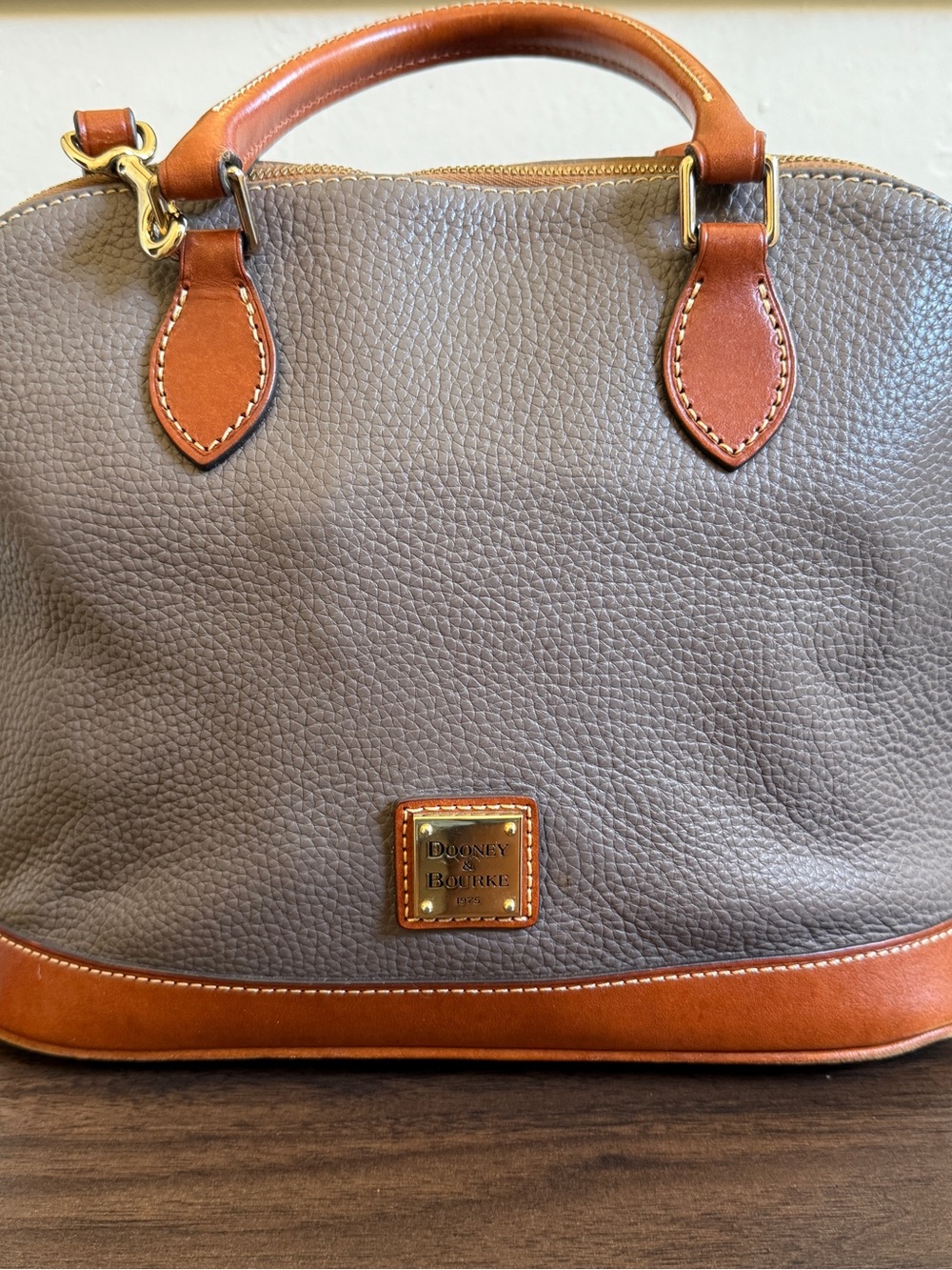 Dooney & Bourke Pebble Grain Domed Satchel Grey Cognac Leather Crossbody